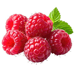 A close-up studio shot of fresh, ripe raspberries with a single green leaf against a black background.