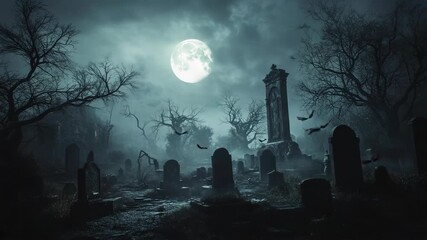 Spooky graveyard landscape under glowing full moon with fog, tombstones, and bare trees, symbolizing Halloween horror gothic mystery supernatural night haunting dark atmosphere fear and creepy setting - Powered by Adobe