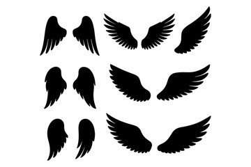 Fototapeta premium Collection of Various Black Silhouette Angel Wings and Feather Designs for Creative Projects and Symbolic Representations