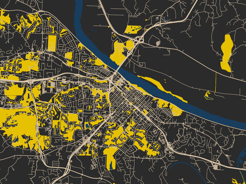Decorative abstract map of Jefferson City, Missouri, featuring near-black map field with ivory road grid, bright yellow blocks and dark blue rivers and harbors