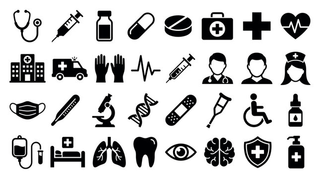 Large collection of black medical icons representing various healthcare and hospital elements like a stethoscope, syringe, ambulance, and doctor symbol in a simple glyph style