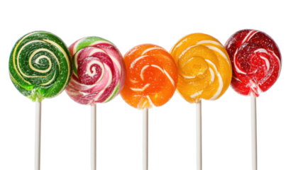 Five colorful lollipops arranged in a row, each with a unique swirl design and vibrant hues.