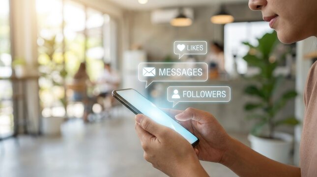 Woman using smartphone with social media notifications floating above the screen in a cafe mobile phone - Powered by Adobe