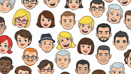 Diverse group of cartoon people faces smiling and looking forward.