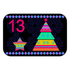Neon colors Norwegian advent calendar illustration in flat vector style with celebrate symbol and ethnic ornament. New Year tree