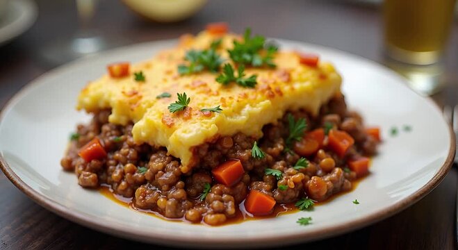  Shepherd&rsquo;s pie (UK/Ireland) served authentically on a plate
