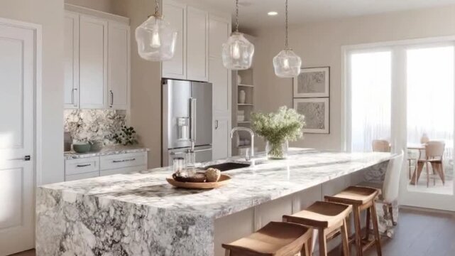 This bright and elegant interior shot captures a modern kitchen space, showcasing a luxurious marble island countertop with a built-in sink and stylish wooden bar stools. Overhead, three contemporary 