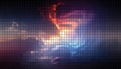 Abstract pixelated digital art background with vibrant blue, orange, and purple light effects and a grid overlay.