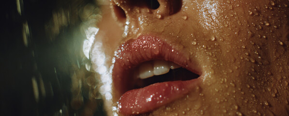 Wet lips, showing red lipstick, water droplets on skin, and open mouth, capturing the essence of rain.