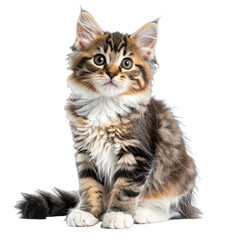 Obraz premium A Fluffy Brown Tabby Maine Coon Kitten Sits Against a Black Background