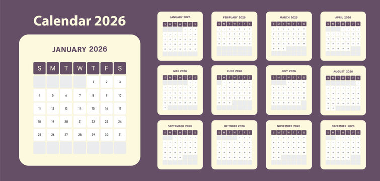 Calendar 2026 application style and the week starts on Monday . Monthly calendar layout for 2026 year. Diary planner for 2026 year. Week Starts on Sunday.2026 Calendar Planner Set of Template Monthly 
