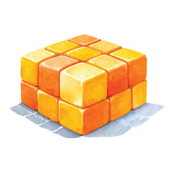 Watercolor Puzzle Cube, Orange Yellow Blocks, Geometric Art