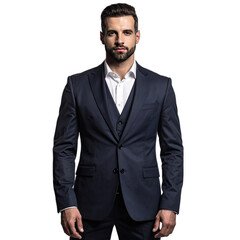 A confident man in a sharp, dark blue three-piece suit against a black background.