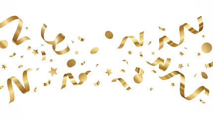 Golden Confetti Banner Background with Floating Ribbons and Stars