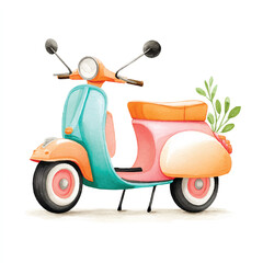 Whimsical Watercolor Scooter Illustration, Retro Travel Vehicle