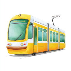 Yellow Watercolor Tram Illustration, Modern City Public Transport