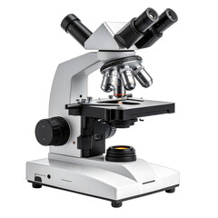 A white and black compound light microscope displayed against a solid black background.