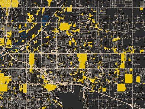 Flat city map of Midwest City, Oklahoma &mdash; near-black map field with ivory road grid, bright yellow blocks and dark blue rivers and harbors