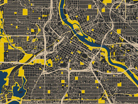 Poster-style map of Minneapolis, Minnesota using charcoal, ivory and ink-blue tones
