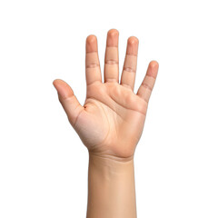 A human hand raised in a high-five or stop gesture against a black background.