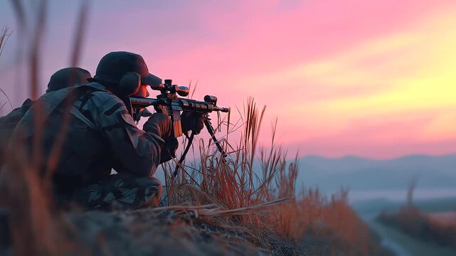 Sniper team crawling into position at twilight, grass moving, cinematic shallow depth of field.