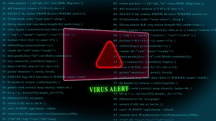 Computer screen showing a red virus alert warning sign and text on a green digital background Keywords: computer, screen, digital, technology, data, network, code, programming, cybersecurity - Powered by Adobe