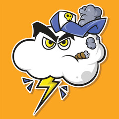 Angry Cartoon Storm Cloud Mascot Vector Illustration with Lightning Bolt and Cap