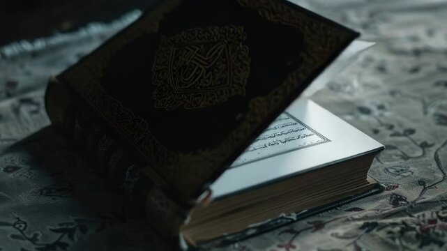 Video A black book with gold trim sits on a bed, ideal for use in book reviews, interior design, or literary-themed compositions