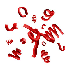 3D Red confetti ribbons falling through the air. Celebration element for party decoration and festive event. Playful design for abstract background. Vector illustration