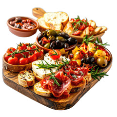 An elegant antipasto platter featuring cured meats, cheeses, olives, and fresh tomatoes on a dark background.