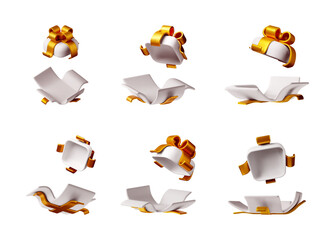 3D Gift box set opening process. White present box with golden ribbon for celebration, product reveal, or special occasion. Vector illustration