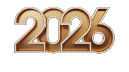 Golden 3d rendering of the year 2026 with elegant white trim