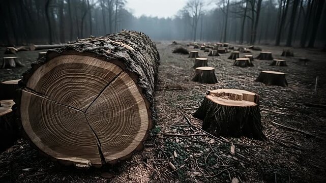 Deforestation: Massive Tree Trunk Foreground Against a Cleared Forest Landscape with Numerous Stumps