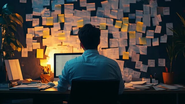 Overworked man sitting late at night in office, desk cluttered and wall full of sticky notes illuminated by desk lamp, symbol stress burnout deadlines, pressure, paperwork overload, fatigue exhaustion