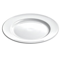 A pristine white, glossy dinner plate rendered against a stark black background.