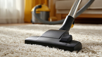Close-up of a vacuum cleaner head moving across a soft carpet during household cleaning. Concept of home hygiene, dust removal, professional cleaning services, and modern home maintenance.
