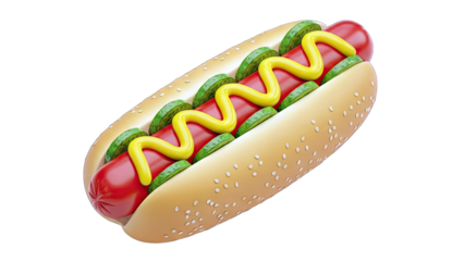 Delicious Hot Dog with Mustard and Pickles on White Background