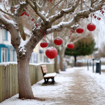 Decoraciones de A&ntilde;o Nuevo Lunar en un &aacute;rbol durante el invierno con nieve en una calle tranquila