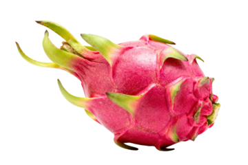 Vibrant pink dragon fruit with green scales isolated on white background