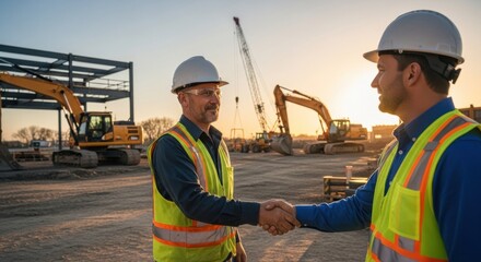 Two construction managers in safety gear shake hands at a worksite at sunset, signifying successful project completion, partnership, and agreement.