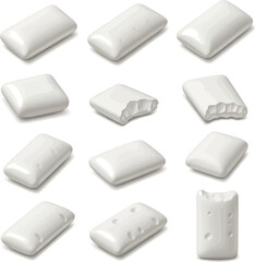 Create a kinds of deferent realistic white rectangular chewing gum piece is isolated and clean, presented high quality image. vector art with white background.