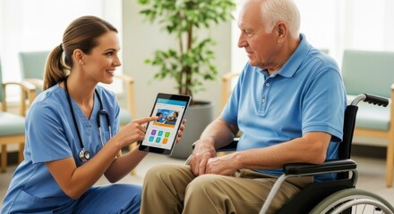 A female healthcare professional shows an elderly patient in a wheelchair information on a digital tablet, symbolizing patient care and well-being.