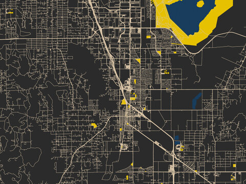Urban map of Perris, California in a dark flat palette: dark noir-style city field with soft cream lines and strong yellow points of interest against deep blue water