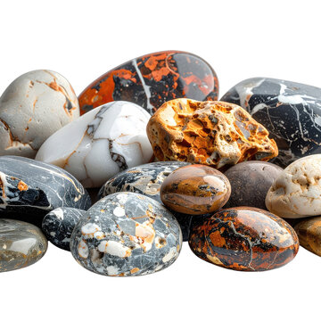 A collection of polished, variegated stones arranged against a solid black background.