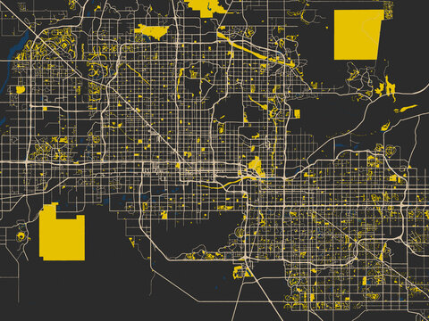 Abstract city map of Phoenix, Arizona with noir yellow color palette