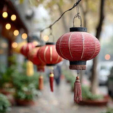 Decoraci&oacute;n de faroles rojos en la calle durante el Festival del A&ntilde;o Nuevo Lunar en una ciudad china