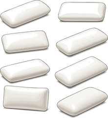Create a kinds of deferent realistic white rectangular chewing gum piece is isolated and clean, presented high quality image. vector art with white background.