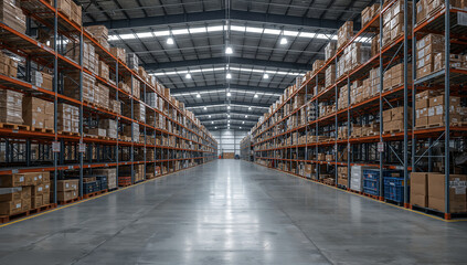 Industrial warehouse with orderly shelves stacked with boxes, representing logistics and storage solutions