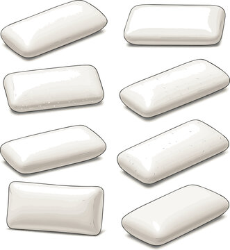 Create a kinds of deferent realistic white rectangular chewing gum piece is isolated and clean, presented high quality image. vector art with white background.