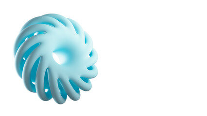 3D render of a complex blue abstract spiral torus knot viewed from a dynamic angle. Clean, modern geometric graphic ideal for technology, engineering, or science concepts. Isolated on a light backgrou